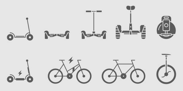 illustrazioni stock, clip art, cartoni animati e icone di tendenza di icone di trasporto elettrico set 05 - bicicletta elettrica