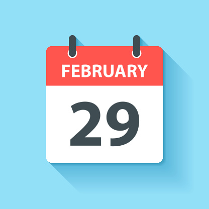 February 29. Calendar Icon with long shadow in a Flat Design style. Daily calendar isolated on blue background. Vector Illustration (EPS10, well layered and grouped). Easy to edit, manipulate, resize or colorize.