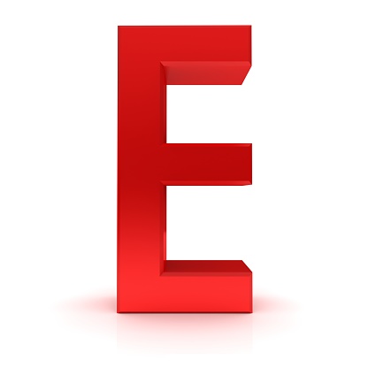 E letter E capital letter red font 3d rendering characters text graphic cut out on white background