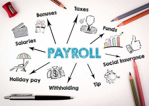 Payroll, work, opportunities, finance and insurance concept Payroll, work, opportunities, finance and insurance concept. Chart with keywords and icons. Pen and colored pencils paycheck photos stock pictures, royalty-free photos & images