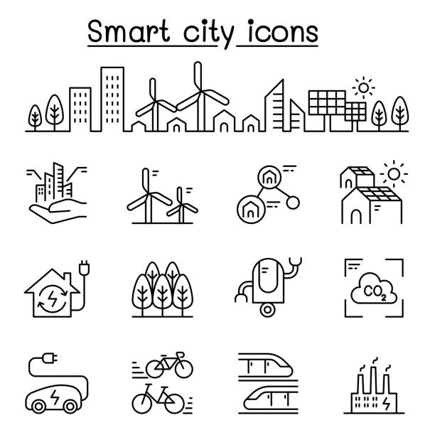 ilustrações de stock, clip art, desenhos animados e ícones de smart city, sustainable town, eco friendly city icon set in thin line style - city symbol