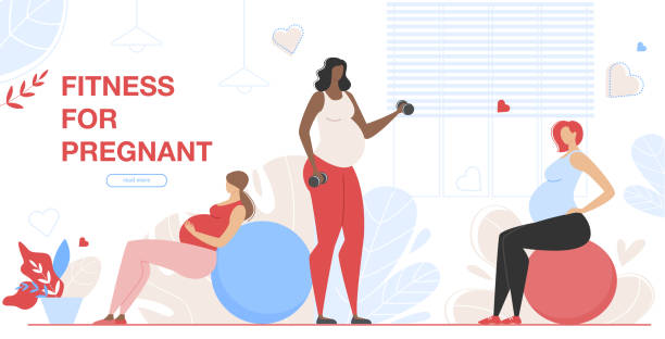 Maternity Group Fitness Class for Pregnant Women Maternity Group Fitness Class with Aerobic Muscles, Fitball and Balance Exercises for Pregnant Women. Girls Prepare to Childbirth Working Out in Gym Cartoon Flat Vector Illustration, Horizontal Banner landing touching down stock illustrations