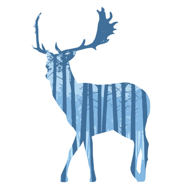 istock Realistic illustration of deer silhouettes with antlers. Coniferous forest with blue sky - vector 1179956367