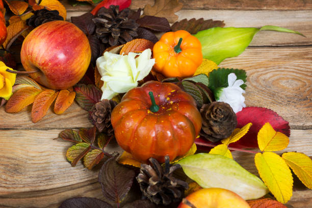 istock Fall background with pumpkins and white flowers 1179957720