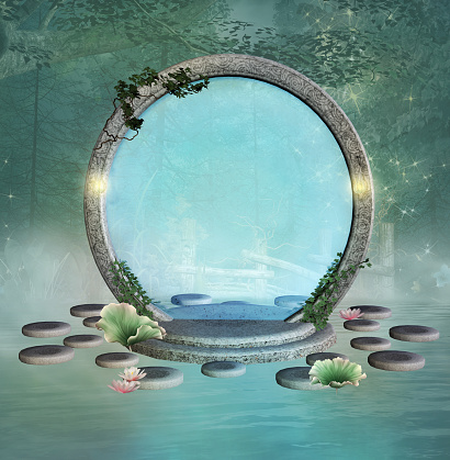 Fantasy portal upon the enchanted lake– 3D render