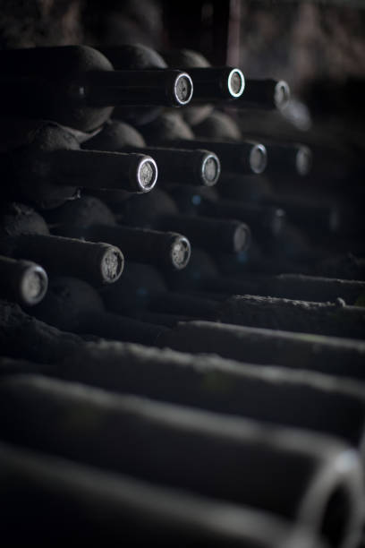 istock Old dusty wine bottles in a dark basement 1179959439