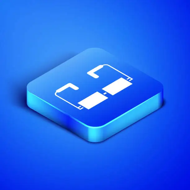 Vector illustration of Isometric Glasses icon isolated on blue background. Eyeglass frame symbol. Blue square button. Vector Illustration