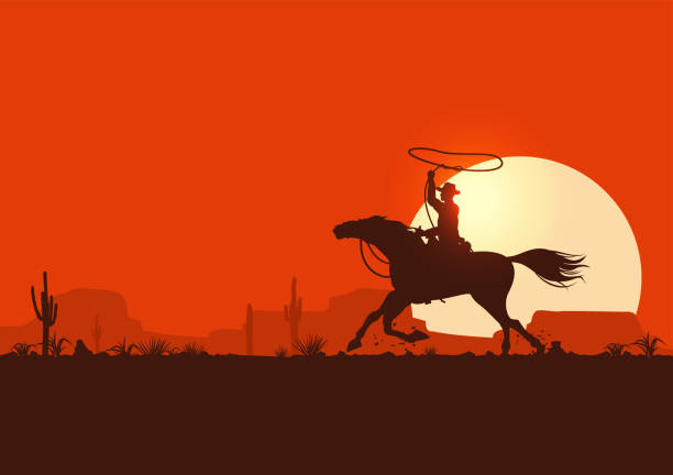 silhouette eines cowboy-reitpferdes bei sonnenuntergang - rodeo lasso cowboy horse stock-grafiken, -clipart, -cartoons und -symbole