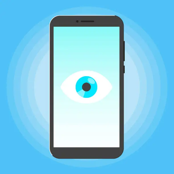 Vector illustration of Big brother concept. Smart phone spying with big eye on the screen isolated on light blue background flat style design vector illustration.