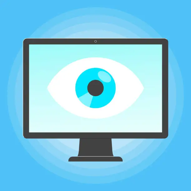 Vector illustration of Big brother concept. Smart phone spying with big eye on the screen of PC monitor isolated on light blue background flat style design vector illustration.