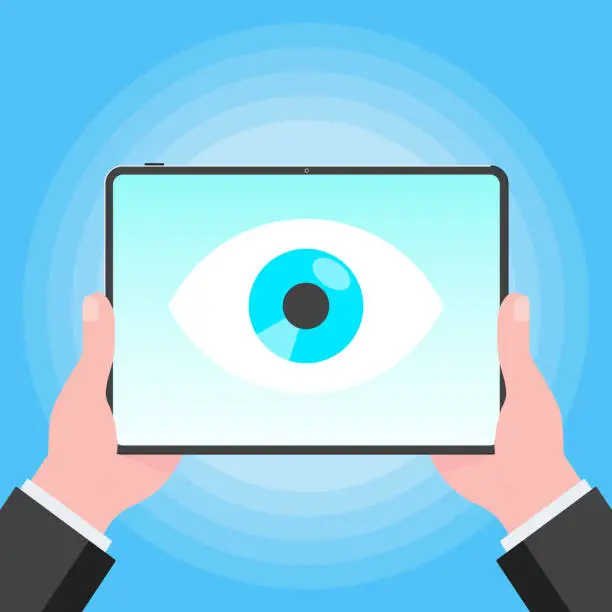 Vector illustration of Big brother concept. Hands holding stablet pc spying with big eye on the screen isolated on light blue background flat style design vector illustration.