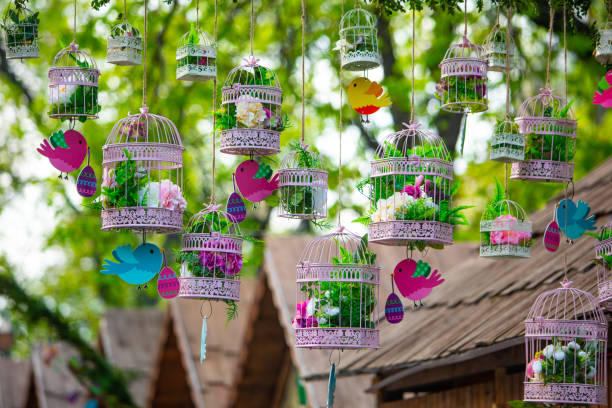 easter decoration birds with eggs and flowers. holidays