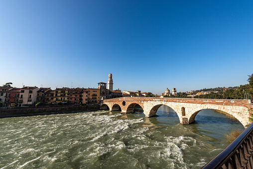Ponte Pietra (Stone bridge), I century B.C. The oldest Roman monument in Verona, UNESCO world heritage site, and the river Adige, Veneto, Italy, Europe