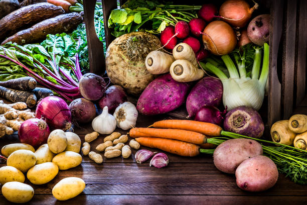 Healthy food: organic roots, legumes and tubers still life. Front view of a large group of multicolored fresh organic roots, legumes and tubers shot on a rustic wooden background. The composition includes potatoes, Spanish onions, ginger, purple carrots, yucca, beetroot, garlic, peanuts, red potatoes, sweet potatoes, golden onions, turnips, parsnips, celeriac, fennels and radish. Some elements are on a rustic wooden crate. Low key DSLR photo taken with Canon EOS 6D Mark II and Canon EF 24-105 mm f/4L root vegetable stock pictures, royalty-free photos & images