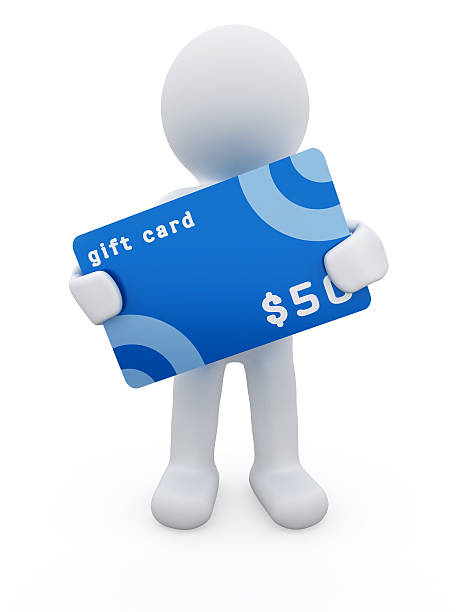 3D character with 50$ gift card. stock photo