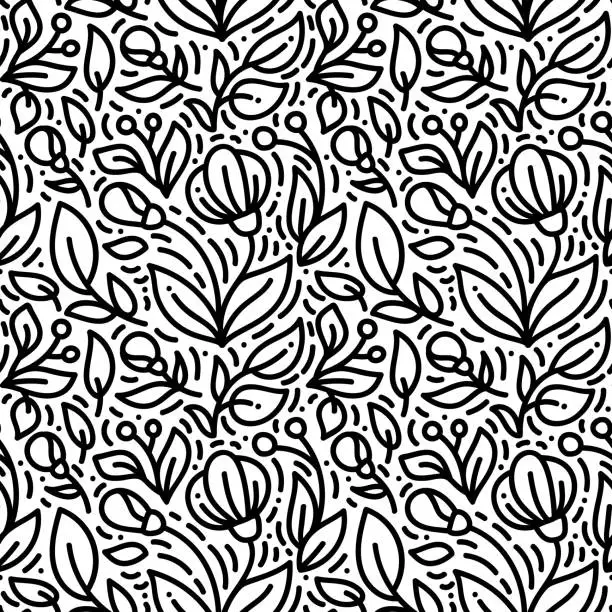 Vector illustration of Floral monoline seamless pattern background, textile printing. Hand drawn endless vector illustration of flowers on light background. Flower theme. Summer collection