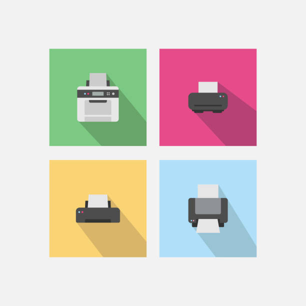 ilustrações, clipart, desenhos animados e ícones de projeto do vetor do ícone da impressora com jogo longo da sombra - print computer printer printout push button