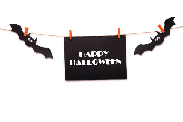 istock Happy Halloween background with black label and two bats 1179969308