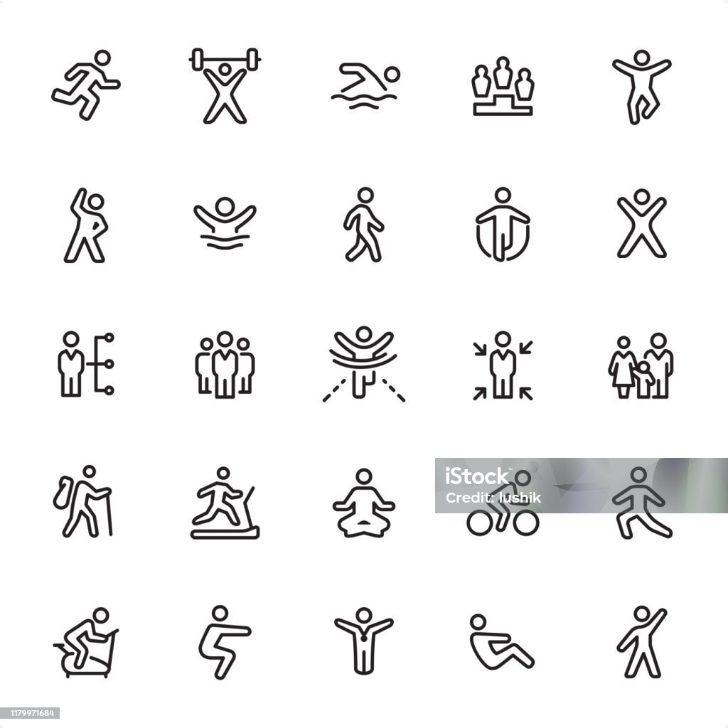 Exercising and Sport - Outline Icon Set Exercising and Sport - 25 Outline Style - Single black line icons - Pixel Perfect / Pack #90
Icons are designed in 48x48pх square, outline stroke 2px.

First row of outline icons contains:
Running, Weightlifting, Swimming, Winners, Jumping;  

Second row contains:
Exercising, Diving, Walking, Skipping, Gym;

Third row contains:
Training Plan, Group of People, Finishing, Individual Training, Family Sport;

Fourth row contains:
Hiking, Treadmill, Yoga, Cycling, Stretching;

Fifth row contains:
Exercise Bike, Squats, Winner, Sit - ups, Aerobics.

Complete Grandico collection - https://www.istockphoto.com/collaboration/boards/FwH1Zhu0rEuOegMW0JMa_w Icon stock vector
