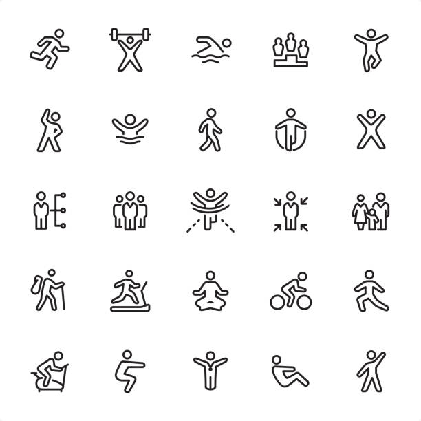 Exercising and Sport - Outline Icon Set Exercising and Sport - 25 Outline Style - Single black line icons - Pixel Perfect / Pack #90
Icons are designed in 48x48pх square, outline stroke 2px.

First row of outline icons contains:
Running, Weightlifting, Swimming, Winners, Jumping;  

Second row contains:
Exercising, Diving, Walking, Skipping, Gym;

Third row contains:
Training Plan, Group of People, Finishing, Individual Training, Family Sport;

Fourth row contains:
Hiking, Treadmill, Yoga, Cycling, Stretching;

Fifth row contains:
Exercise Bike, Squats, Winner, Sit - ups, Aerobics.

Complete Grandico collection - https://www.istockphoto.com/collaboration/boards/FwH1Zhu0rEuOegMW0JMa_w swimming icons stock illustrations