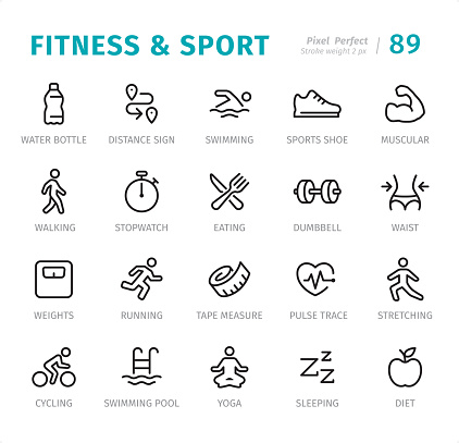 Fitness and Sport - 20 Outline Style - Single line icons with captions / Set #89 / Designed in 48x48pх square, outline stroke 2px.

First row of outline icons contains: 
Water Bottle, Distance Sign, Swimming, Sports Shoe, Muscular;

Second row contains: 
Walking, Stopwatch, Eating, Dumbbell, Waist;

Third row contains: 
Weights, Running, Tape Measure, Pulse Trace, Stretching;

Fourth row contains:
Cycling, Swimming Pool, Yoga, Sleeping, Diet.

Complete Signico collection - https://www.istockphoto.com/collaboration/boards/VT_7sDWo80OLh7foVxchBQ