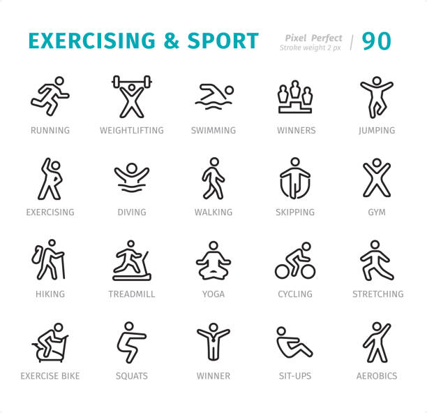 training und sport - pixel perfect liniensymbole mit beschriftungen - treadmill gym isolated running stock-grafiken, -clipart, -cartoons und -symbole