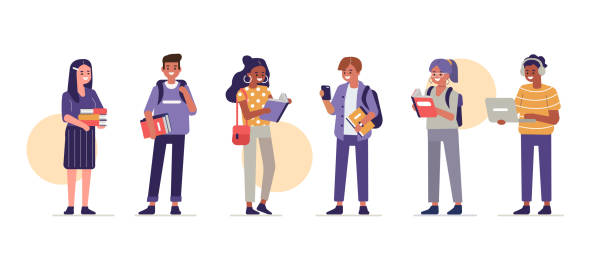 students Students Group Holding Books and Gadgets. Diverse People Study Together. Girls and Boys in Modern Clothes. Education and Knowledge Concept with Characters. Flat Cartoon Vector Illustration isolated. boy and girl reading stock illustrations