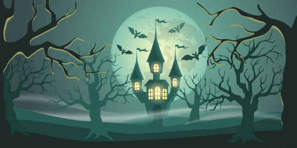 ilustrações, clipart, desenhos animados e ícones de fundo de halloween com o castelo na floresta, na lua e nos bastões - halloween castle cartoon backgrounds