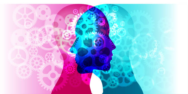 Geared Minds Face to Face A male and female side silhouette positioned face to face, overlaid with various semi-transparent gear shapes and details. bicycle gear stock illustrations