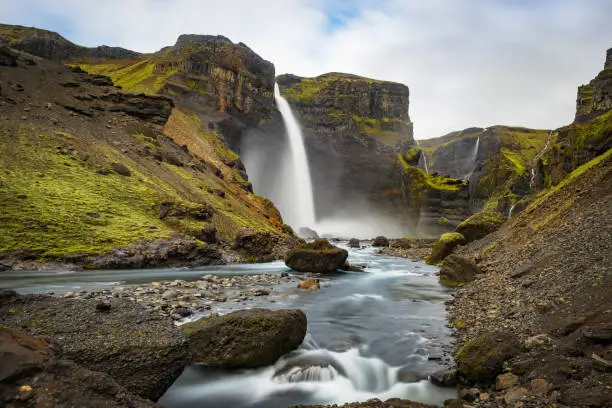 View on the Haifoss waterfall from the Fossa river in Iceland.