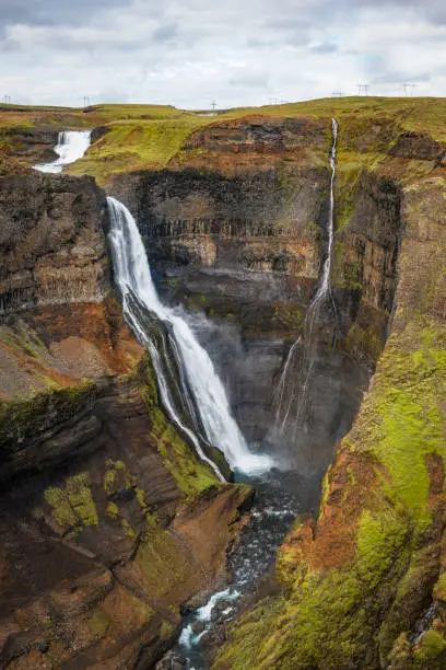 View on the Haifoss waterfall from the Fossa river in Iceland.