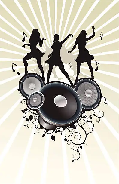 Vector illustration of Silhouettes dancing in audio speakers