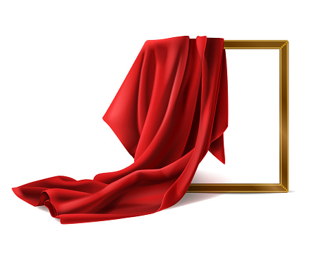 Red silk cloth cover wooden painting frame isolated on white background. Fabric drapery curtain and empty picture or photo border mockup for gallery presentation. Realistic 3d vector illustration