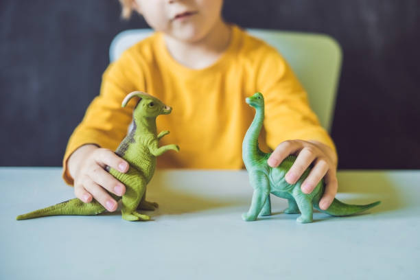 мальчик, показывающий динозавра как палеонтолога - child discovery surprise playing стоковые фото и изображения