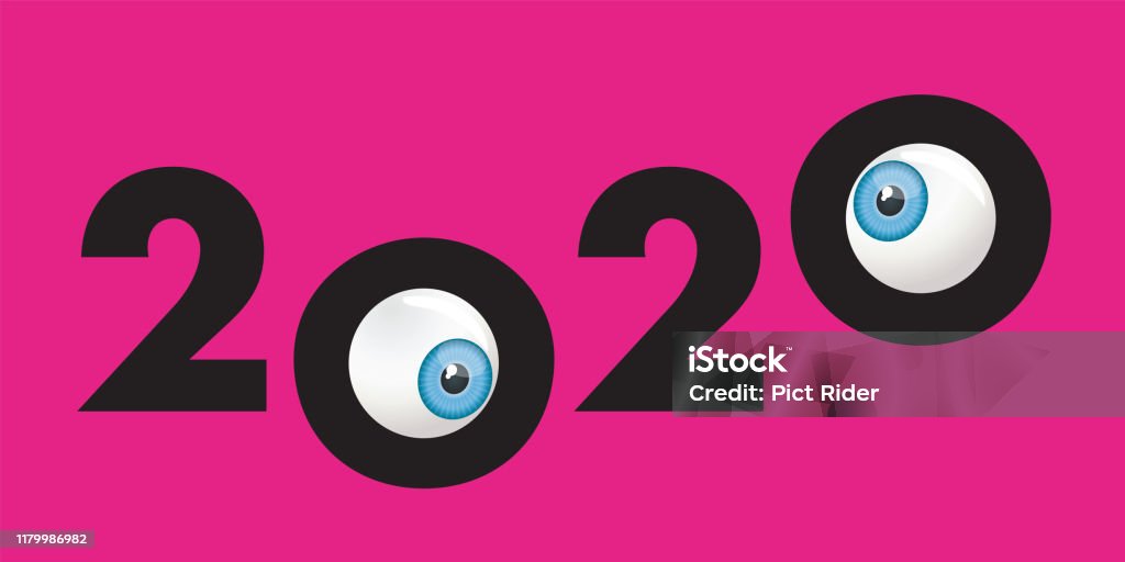 Tarjeta de felicitación Humorística 2020 que muestra dos ojos entrecerrados - arte vectorial de Mirar hacia arriba libre de derechos
