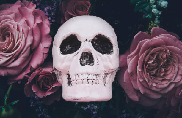 istock Skull on a vintage roses background. Halloween concept. 1179989474
