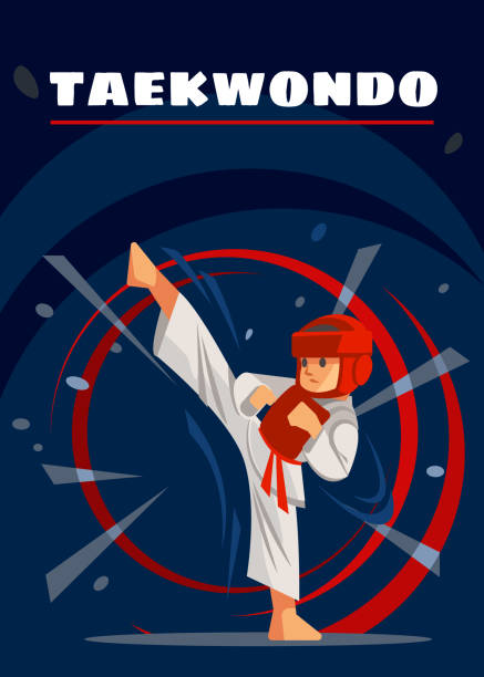 illustrations, cliparts, dessins animés et icônes de affiche de taekwondo. sports pour enfants. illustration plate de vecteur de conception de dessin de dessin de dessin - aikido