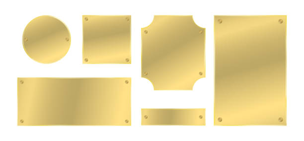 ilustrações, clipart, desenhos animados e ícones de placas de metal com rebites ajustados. emblemas coloridos dourados. elementos do projeto do vetor. - plaque