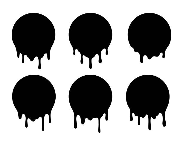 ilustrações, clipart, desenhos animados e ícones de círculo derretido lable. jogo do projeto da pintura do gotejamento. sinais líquidos do vetor. - paint drops