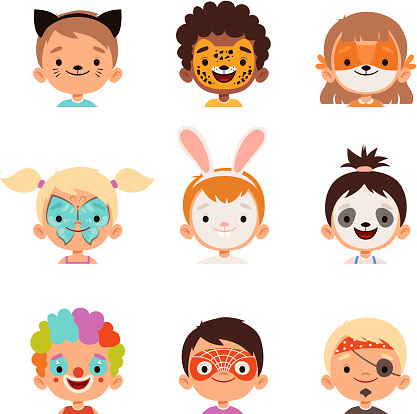 Face painting avatars. Kids happy portraits creative makeup drawings vector collection. Makeup face, cartoon girl and boy disguise in mask illustration