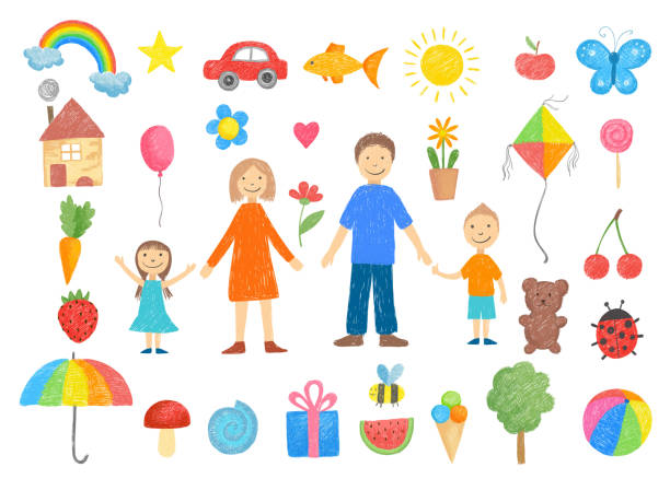 rysunki dla dzieci. jak rysować małe dzieci ołówek kolorowe kredki ręcznie rysowane zabawki uśmiechnięte ludzie śmieszne zdjęcia wektorowe ilustracje - child mother illustration and painting little boys stock illustrations