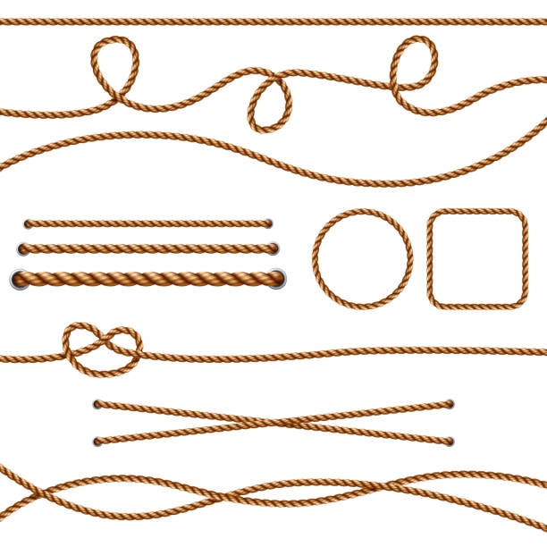 istock Fiber ropes. Straight brown realistic threads ropes crossing marine knots vector pictures 1179990902