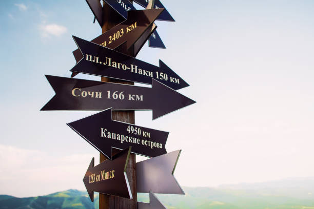 istock Pointers point to different directions. Russian text sochi minsk canary islands 1179991345