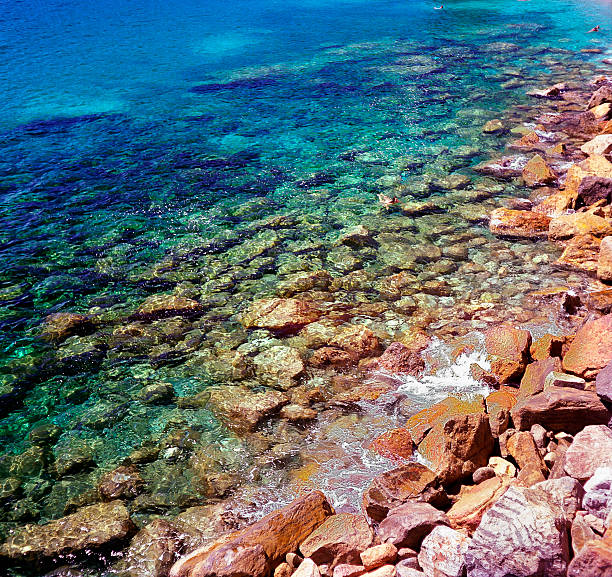 Crystal-clear sea. Cinque Terre, Liguria, Italy. Clear, see-through water. A couple of people are swimming, unrecognizable.