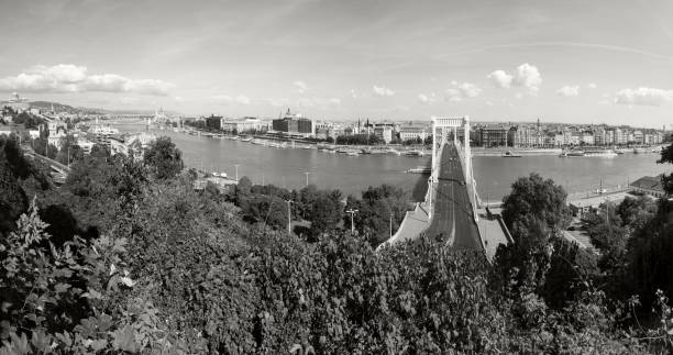 Budapest Hungary Sept. 23, 2019: Magnificent panoramic view of Elisabeth Bridge - the third newest bridge of Budapest, - connecting Buda and Pest across the River Danube. Panoramic Image