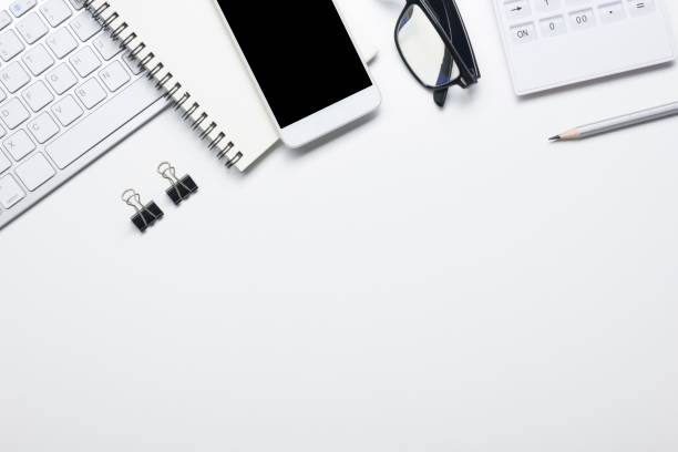 istock Office desk table with supplies. Flat lay Business workplace and objects. Top view. Copy space for text 1179993403
