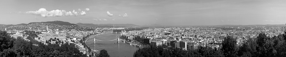 Budapest Hungary Sept. 23, 2019: Magnificent panoramic view of Elisabeth Bridge - the third newest bridge of Budapest, - connecting Buda and Pest across the River Danube. Panoramic Image