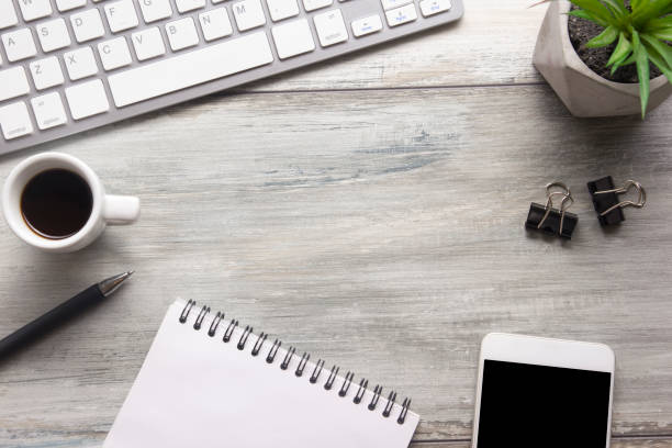 istock Office desk table with supplies. Flat lay Business workplace and objects. Top view. Copy space for text 1179994119