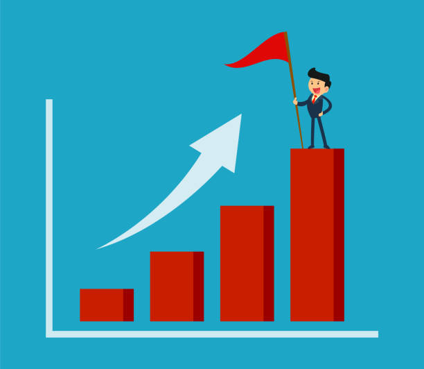 koncepcji sukcesu biznesowego. sukces biznesmen trzyma flagę na rosnącym wykresie. - aspirations target graph arrow stock illustrations