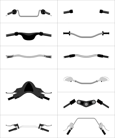 Different kinds of motorcycles iron handle bars with grips and levers top, back, front view isolated on white color vector illustration